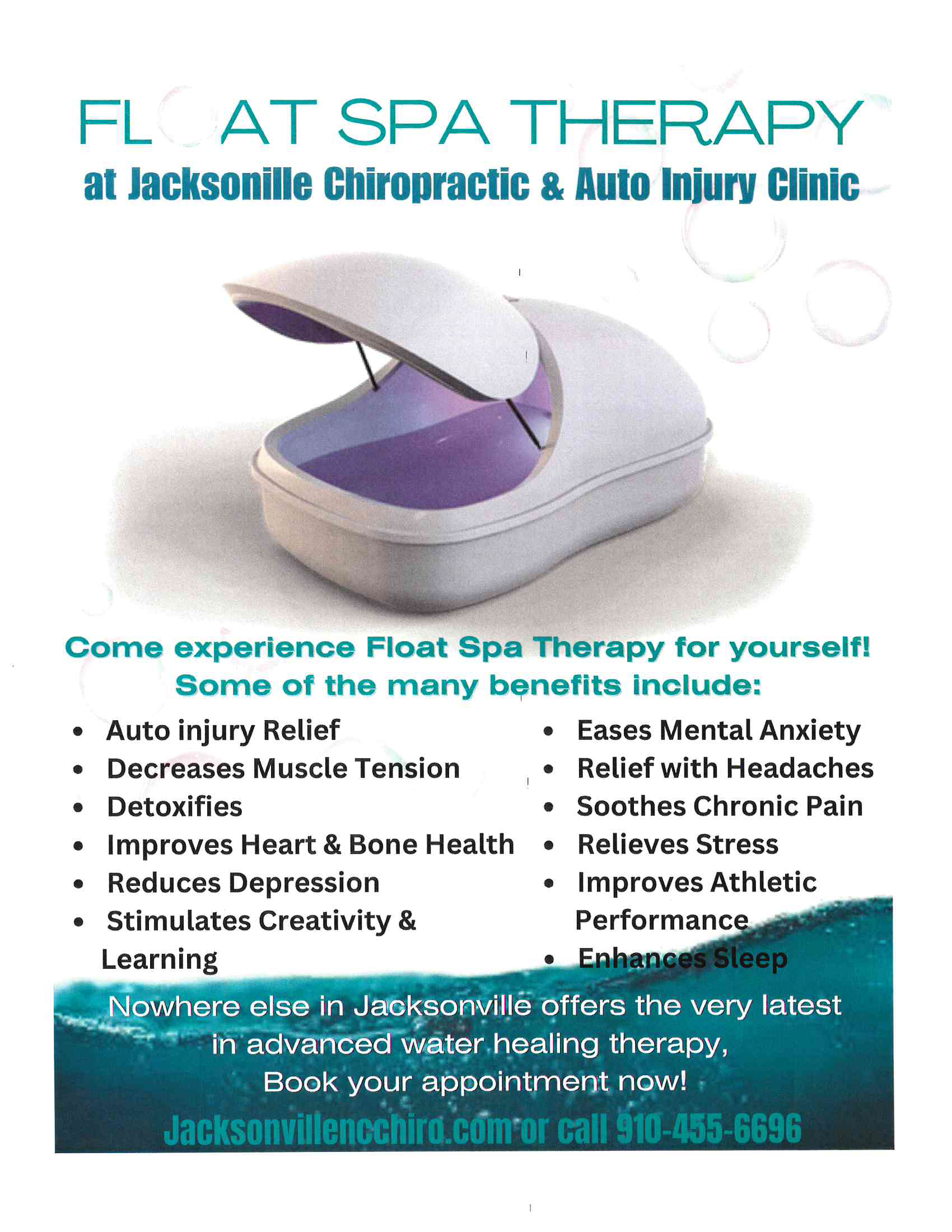 Float Therapy At Jacksonville Chiropractic Flyer